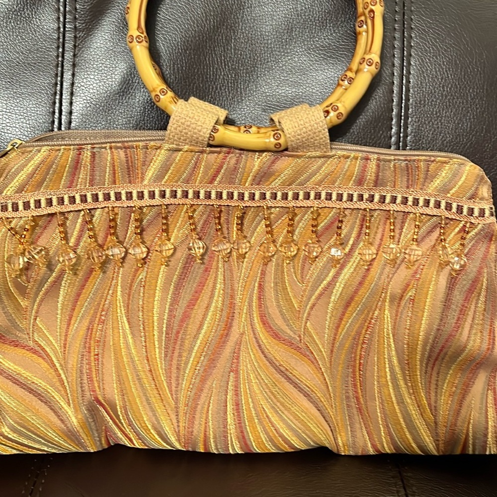 Dixie Bag fabric with Bamboo Handles and Beads 15”L 8”D